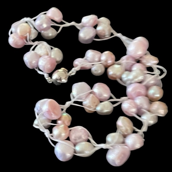 Genuine Baroque Pink Pearl Collar Necklace Cluster Tied Cord Artisan Made 17” - Picture 2 of 5